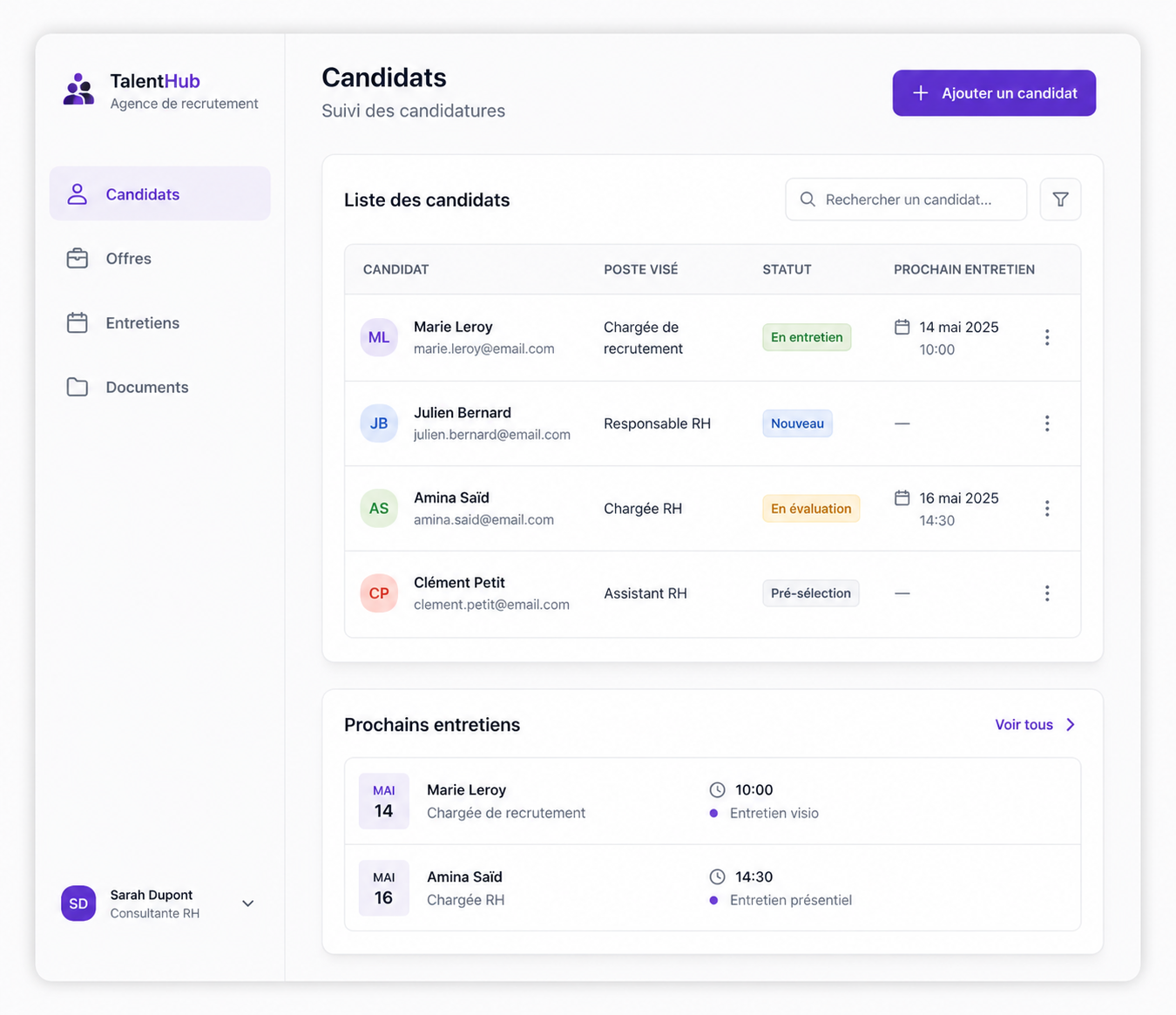 Application RH modernisée avec un suivi clair des candidats et des prochains entretiens.